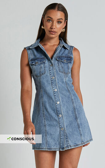 Gigie Mini Dress - Button Front Collared Denim in Mid Blue Wash | Showpo (US, UK & Europe)