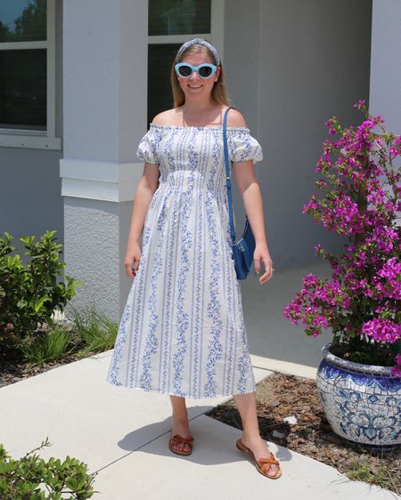 Blue floral stripe off the shoulder dress. Lightweight printed summer dress  