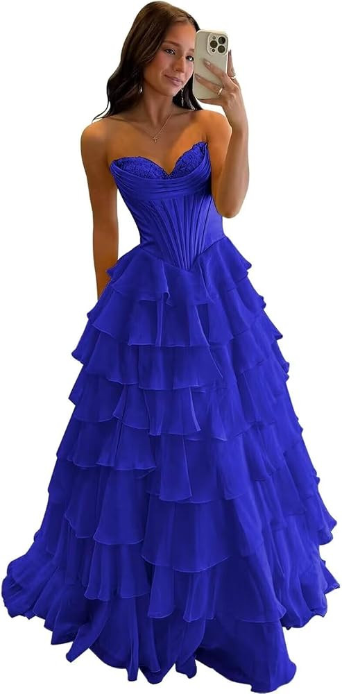 Ruffle Prom Dress Corset Tiered 2026 Strapless Long Chiffon Formal Evening Gown with Slit | Amazon (US)