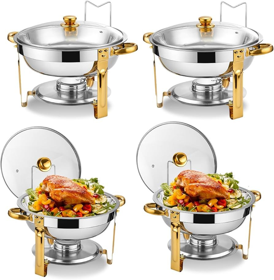 Chafing Dish Buffet Set 4 Pack, 5QT Round Chafing Dishes for Buffet with Glass Lid & Lid Holder, ... | Amazon (US)