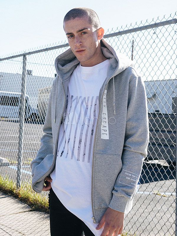 Men's Grey Hoodie Zip Up Letters Printed Long Sleeve Drawstring Hooded Jacket | Milanoo