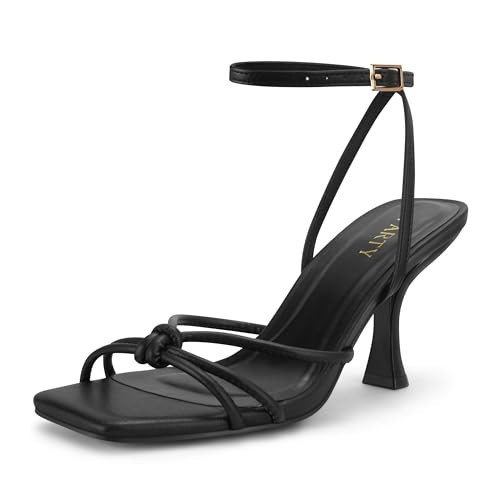 PARTY Women's Square Open Toe Strappy Heeled Sandals 3 inch Stiletto Kitten Heel with Ankle Buckle Strap, Comfortable Slingback Summer Dress Shoes,Black Pu,8.5 | Amazon (US)