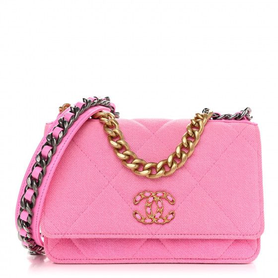 CHANEL Denim Quilted Chanel 19 Wallet On Chain WOC Neon Pink | Fashionphile