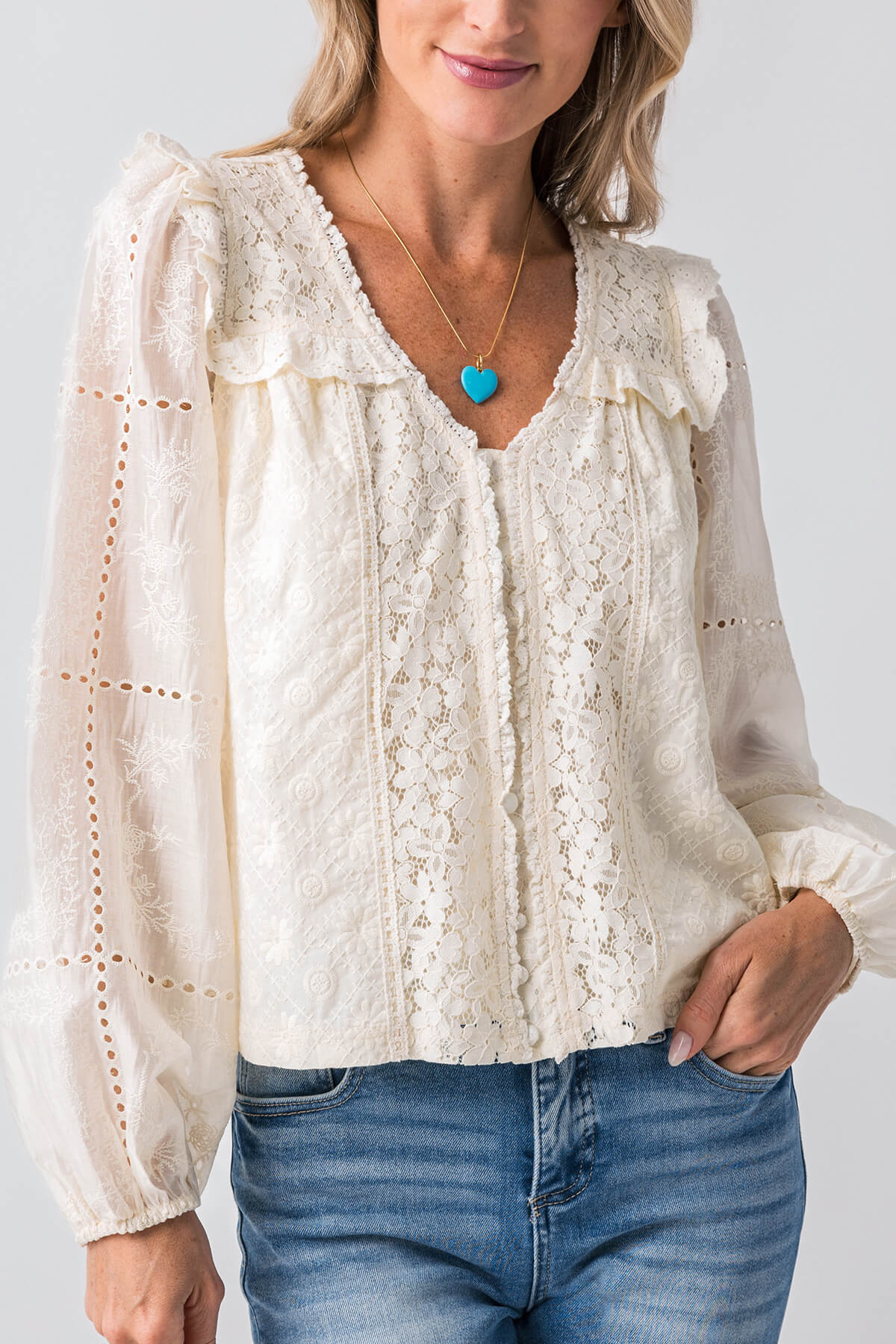 Listicle Romantic Lace Vneck Ruffled Long Sleeve Blouse | Social Threads