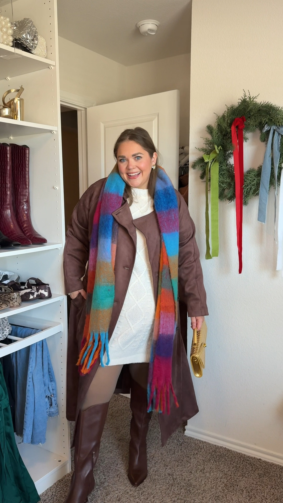 Winter outfit inspo wearing xl in sweater dress. Xxl in fleece lined tights wide calf boots under $50. Xl in suede trench coat  

#LTKHoliday #LTKPlusSize #LTKFindsUnder50