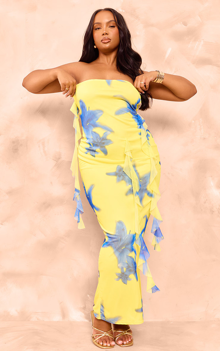 Plus Yellow Bandeau Floral Mesh Ruffle Maxi Dress | PrettyLittleThing US