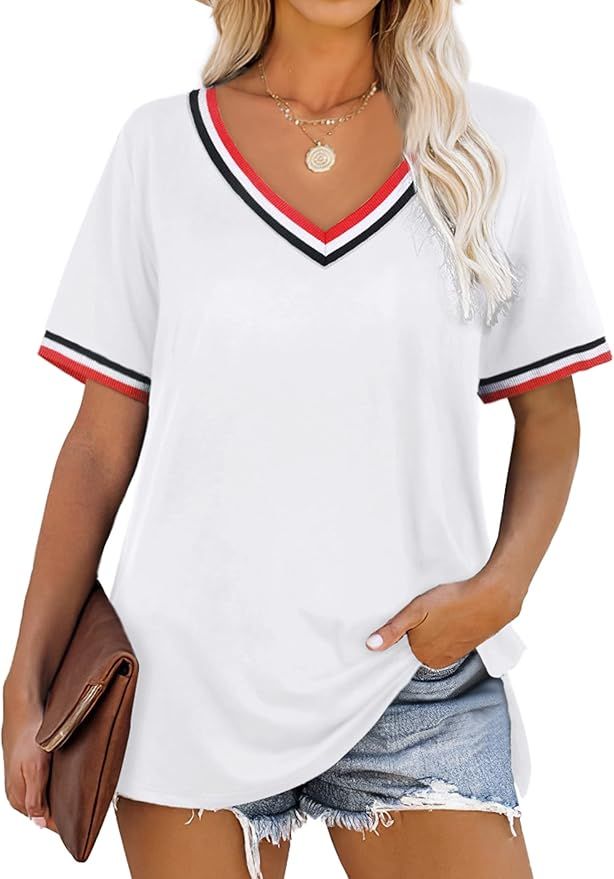 Bofell Womens T Shirts Loose Fit V Neck Tops Side Split Short Sleeve Tee Shirts S-2XL | Amazon (US)
