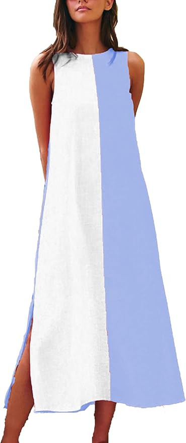 Zontroldy Summer Casual Dress for Women Long Sleeveless Crewneck Dresses Color Block Side Slit Be... | Amazon (US)