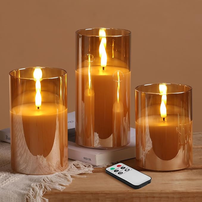 Gold Glass Flameless Pillar Candles with Remote, Flickering Fall LED Candles Battery Operated Set... | Amazon (US)