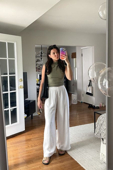 Casual spring outfit! I love these pants because they look like linen but are more of a soft, airy, crinkle fabric that doesn’t wrinkle as easily as a linen. Wearing size XS Long in the pants and I’m 5’7”. XS in the top! 

This weekend everything is on sale plus and EXTRA 15% with code SUITEAF 🤍 ends May 13,2024! 

#LTKSeasonal #LTKFindsUnder100 #LTKSaleAlert