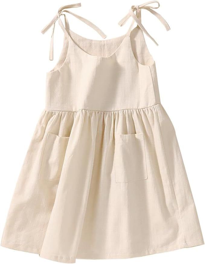 GLIGLITTR Toddler Baby Girls Summer Cotton Linen White Dress Bow Straps Sleeveless with Pockets P... | Amazon (US)