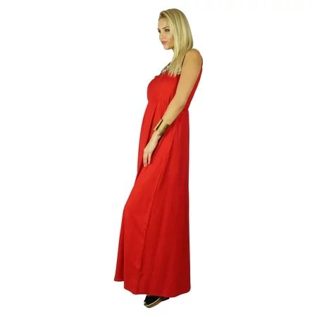 Bimba Women Long Red Maxi Dress Embroidered Neck Trendy Chic Clothing | Walmart (US)