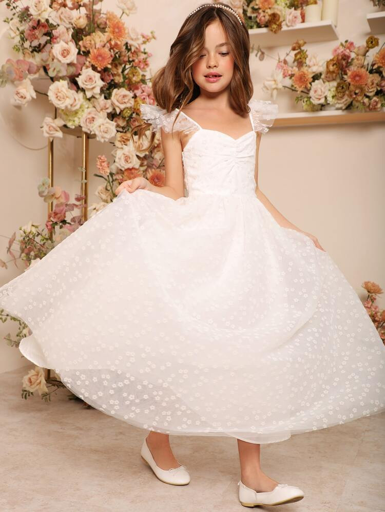 SHEIN Girls 1pc Ditsy Floral Embroidered Mesh Ruched Bust Dress | SHEIN