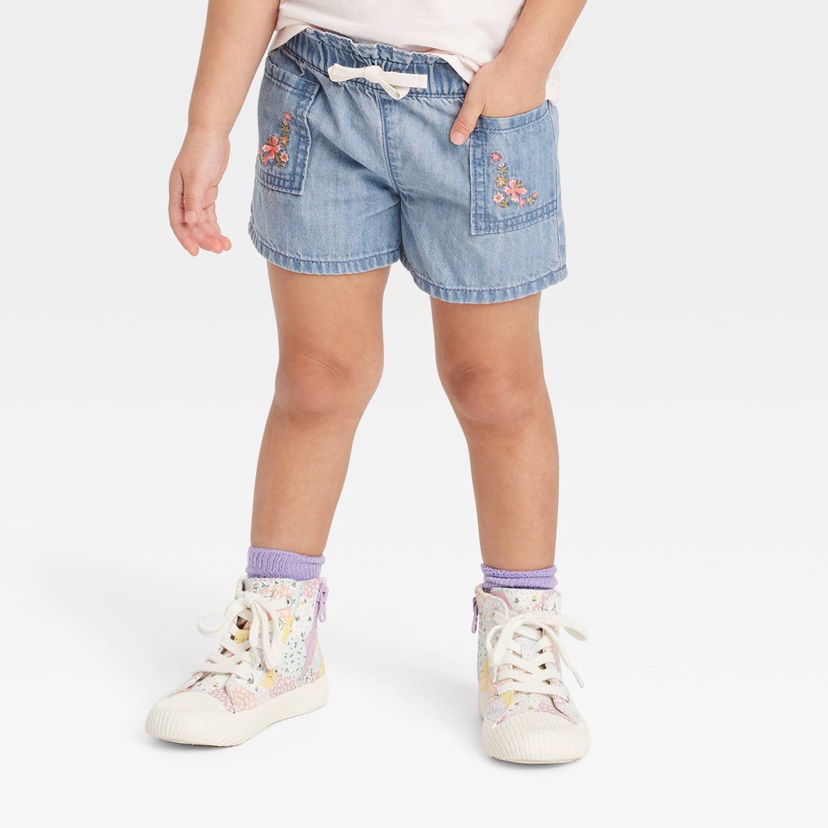 OshKosh B'gosh Toddler Girls' Floral Denim Pull-On Paper Bag Shorts - Light Blue | Target