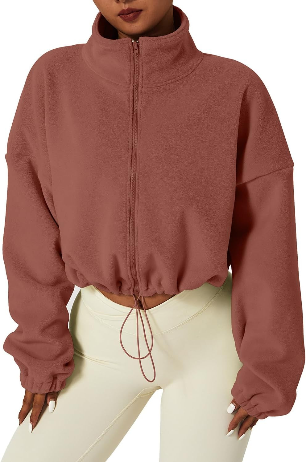 QINSEN Women's Full Zip Fleece Short Jacket Warm Winter Long Sleeve Stand Collar Sherpa Crop Coat | Amazon (US)