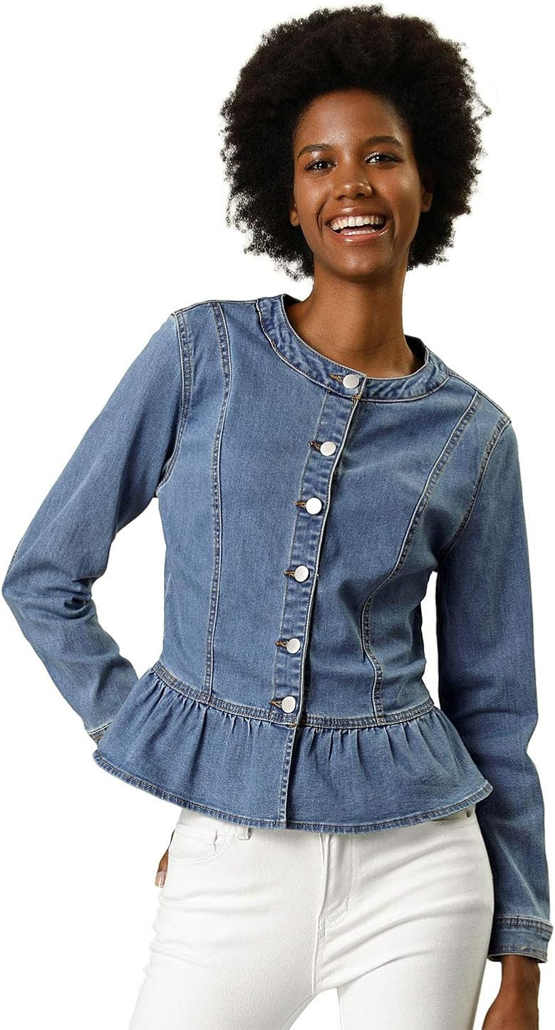Allegra K Women's Peplum Denim Jackets Collarless Round Neck Button Down Cropped Ruffle Hem Jacke... | Amazon (US)
