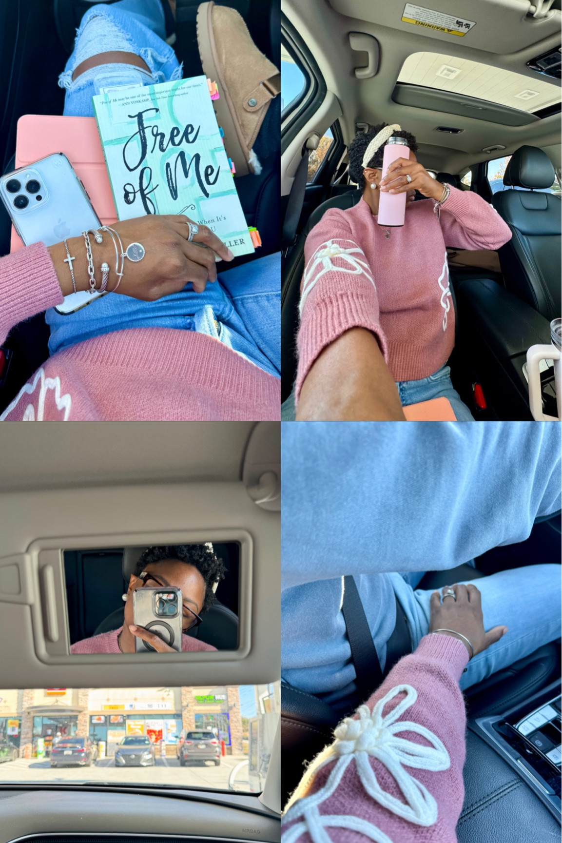 We're on our way to the mountains on this beautiful fall day! As a passenger princess, I make sure to have my essentials: a good book, my iPad, my phone, and some tea. Plus, it’s important to wear a cute, cozy outfit.

I'm wearing this exact sweater from TJ Maxx, but you could also pair it with the adorable pink sweater with bows that I've linked. I've started to enjoy accessorizing with my David Yurman stack, and these Ugg clogs are perfect for slipping on and off easily!

#LTKootd #LTKStyleTip #LTKdayinmylife