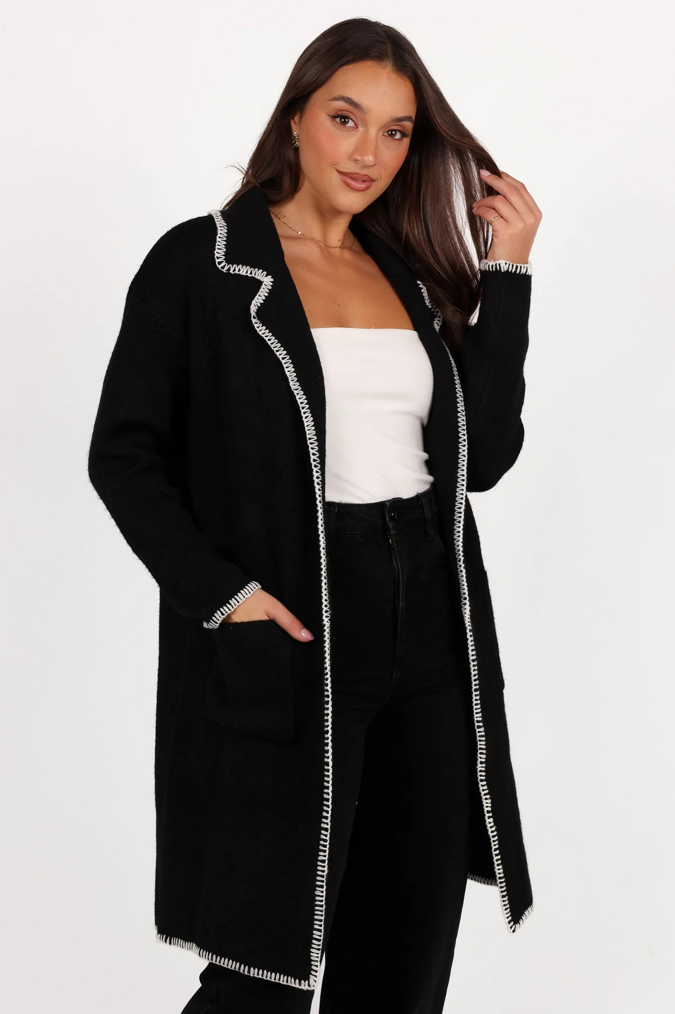 Oaklynn Contrast Stitch Coatigan - Black | Petal & Pup (US)