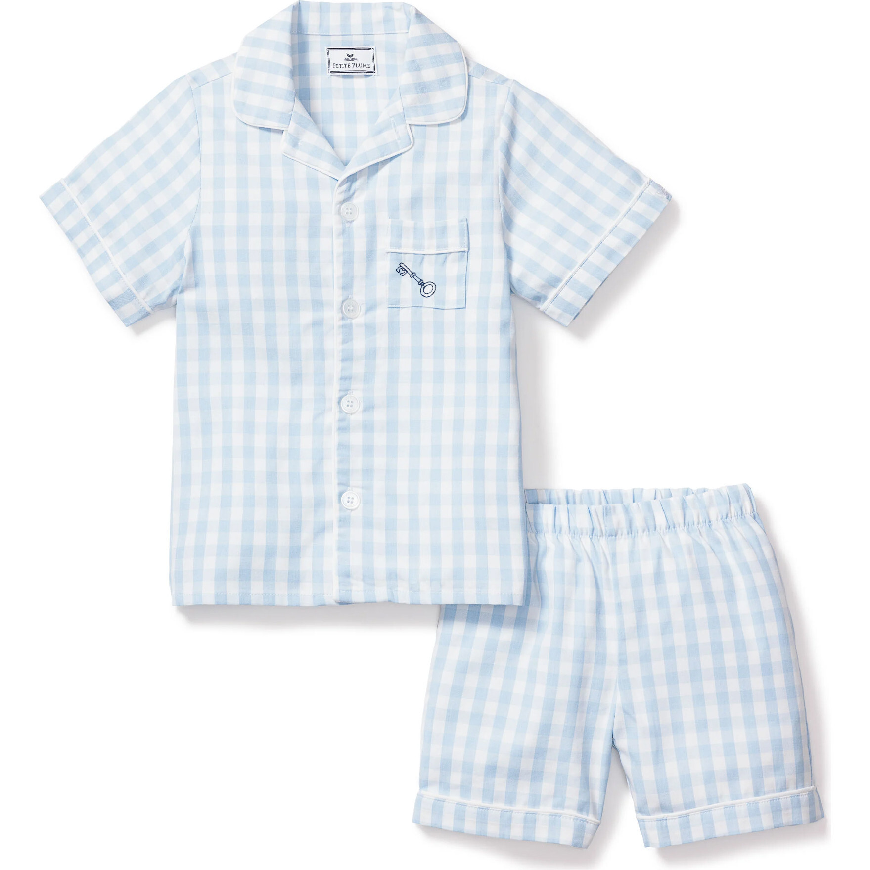 Petite Plume x Masionette Key To My Heart Embroidery PJ  Short Set, Light Blue Gingham | Maisonette