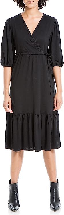 Max Studio Women's Crinkled Jersey Elbow Sleeve Faux Wrap Midi Dress | Amazon (US)