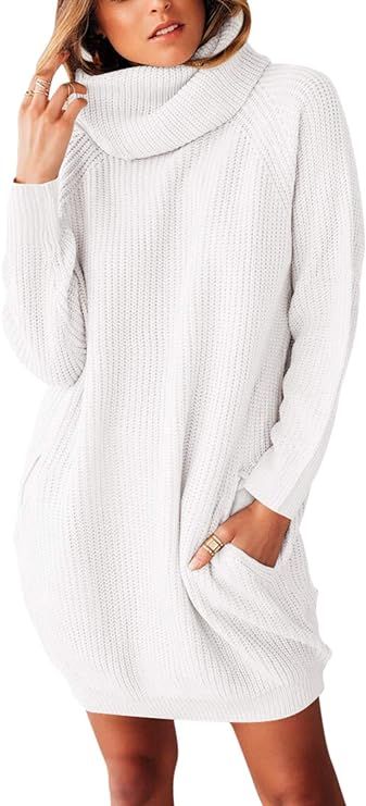 Sovoyontee Women's Long Sleeve Baggy Oversized Turtleneck Pullover Sweater Dress with Pockets | Amazon (US)