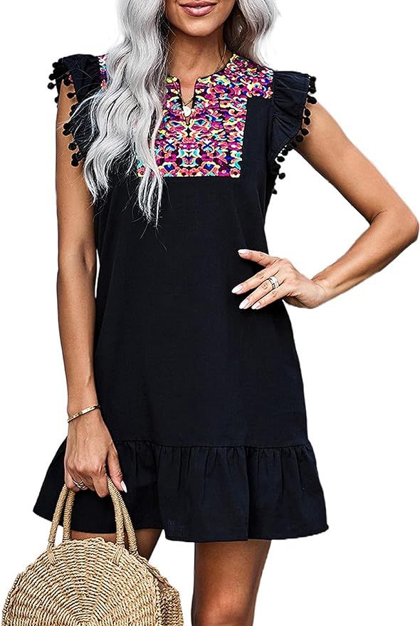 KIRUNDO Women's 2024 Summer Mini Dress Casual V Neck Floral Embroidered Ruffle Sleeveless Shift D... | Amazon (US)