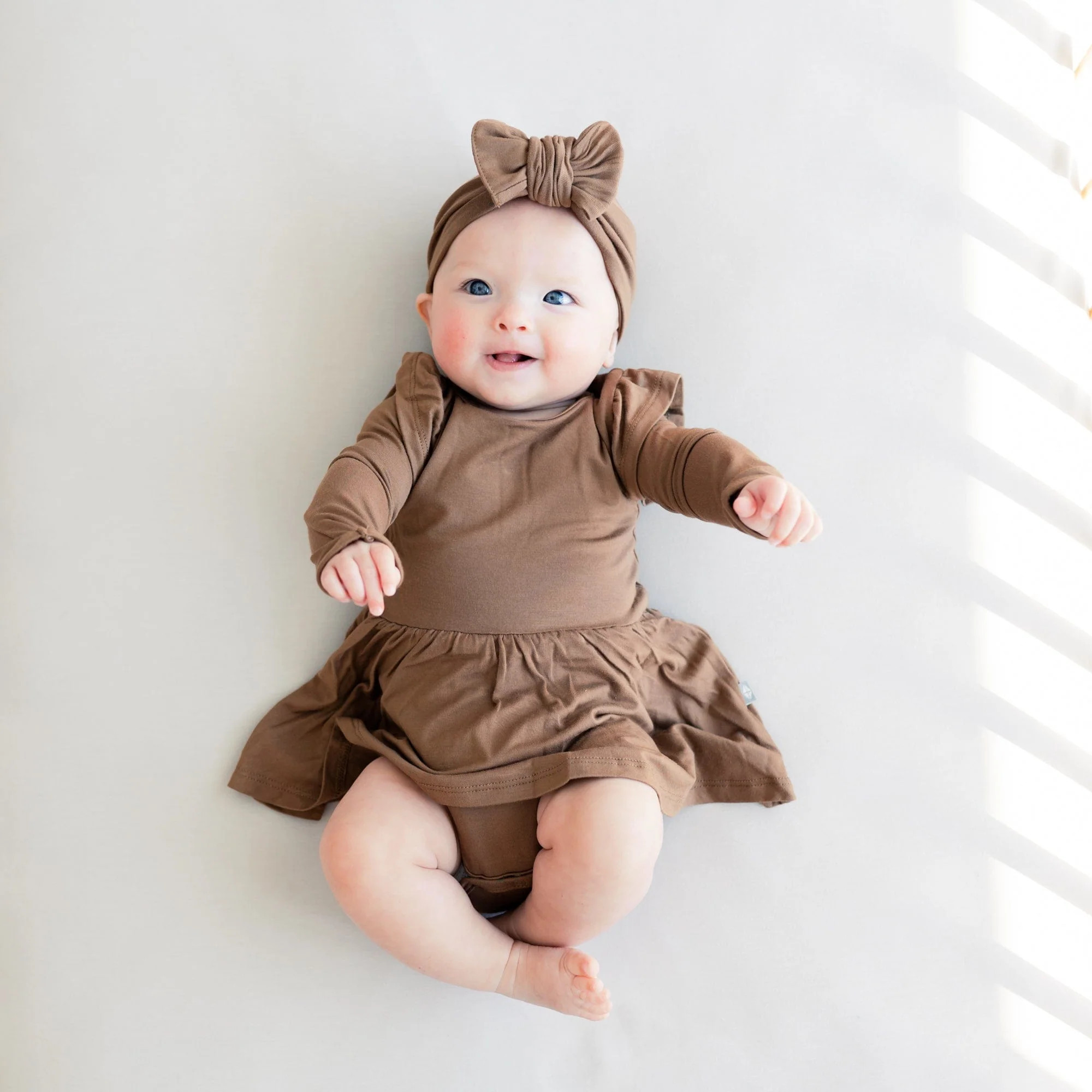 Long Sleeve Twirl Bodysuit Dress in Coffee | Kyte BABY