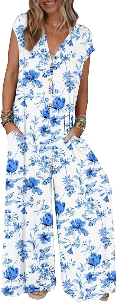 MEROKEETY Women's 2025 Summer Cap Sleeve Jumpsuits Deep V Neck Button Onesie Wide Leg Pants Rompe... | Amazon (US)