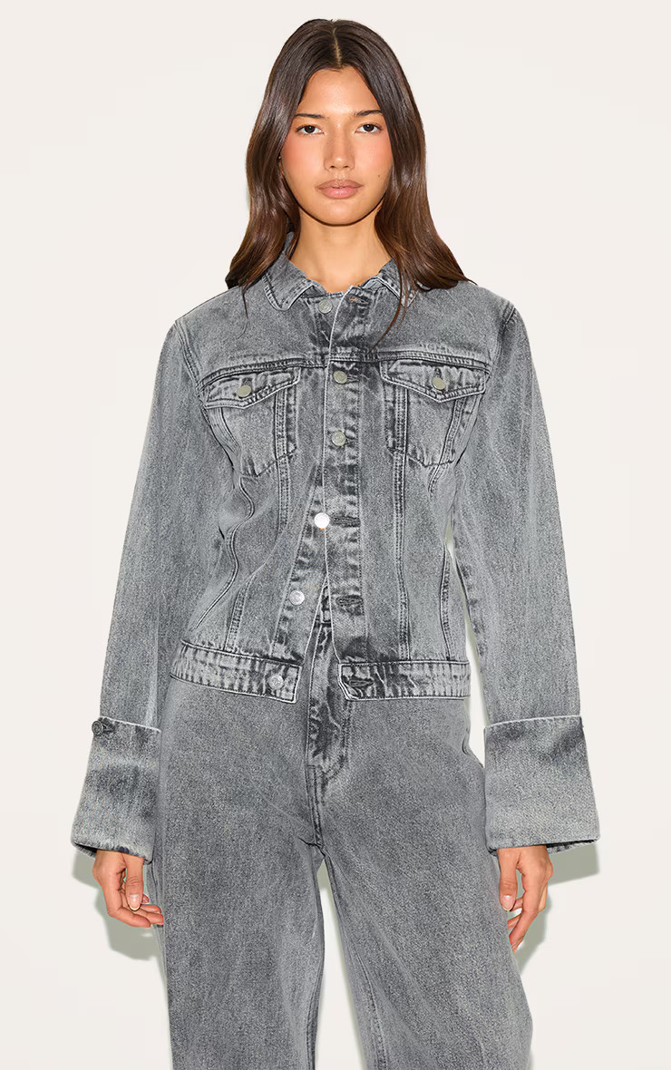 Ice Grey Turn Up Cuff Cinched Back Denim Jacket | Denim | PrettyLittleThing US