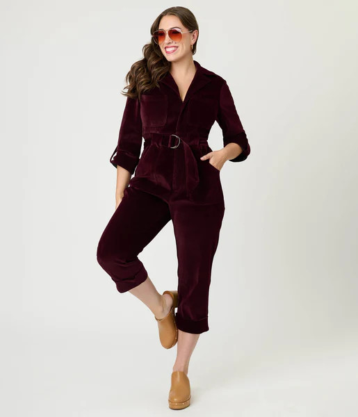 Unique Vintage Burgundy Corduroy Trixie Jumpsuit | UniqueVintage