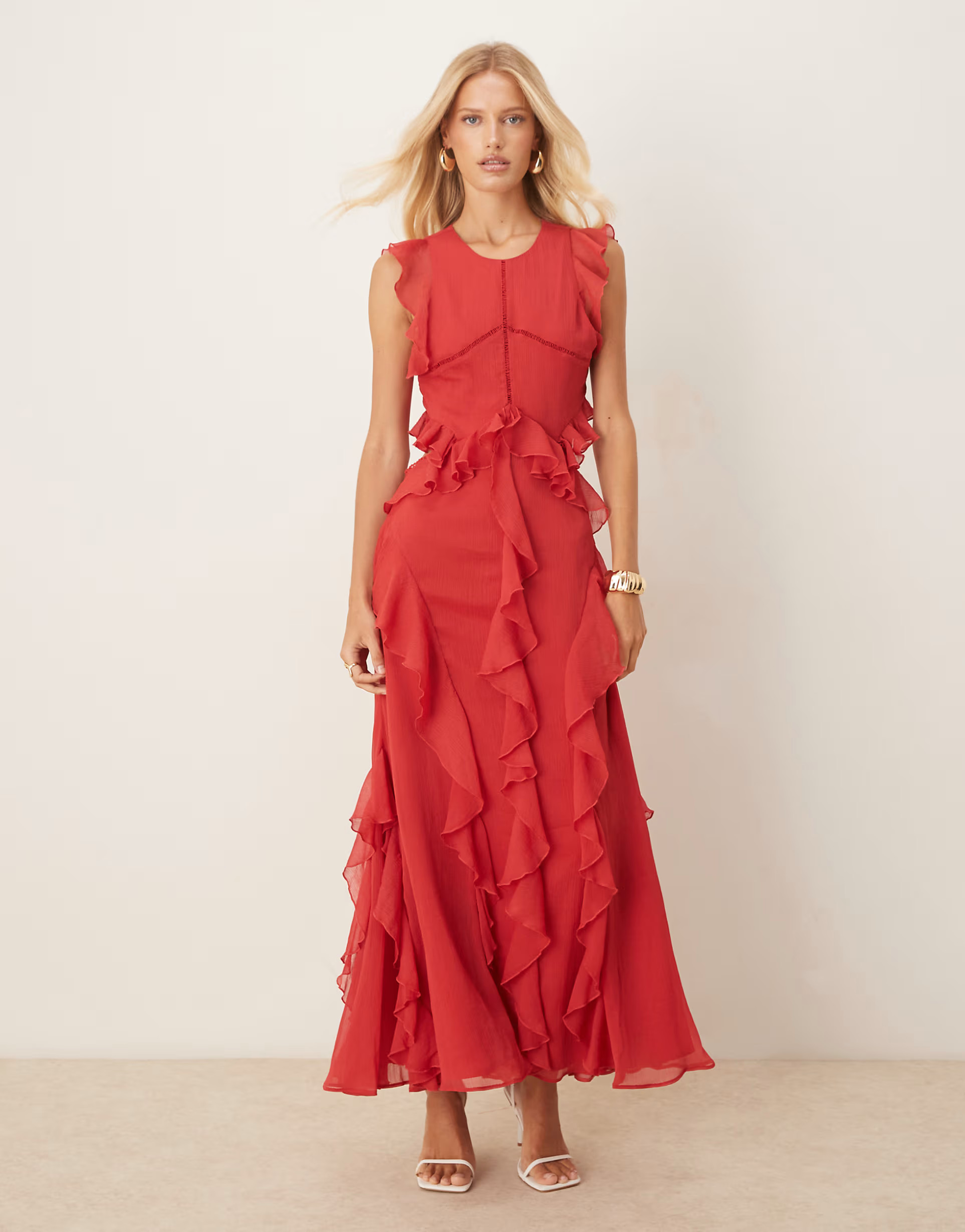 ASOS DESIGN high neck ruffle maxi dress with lace inserts in dark cherry | ASOS | ASOS (Global)