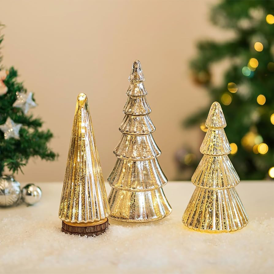 Hewory Mercury Glass Christmas Tree: Set of 3 Silver Tabletop Christmas Ornaments Trees with LED ... | Amazon (US)