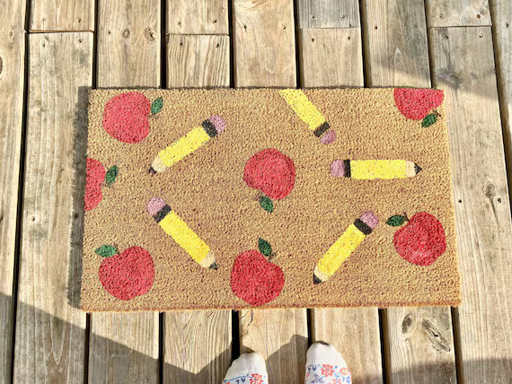 Teacher Doormat - Apple Doormat - Pencil Doormat - Home Decor -Teacher Appreciation Doormat | Etsy (US)