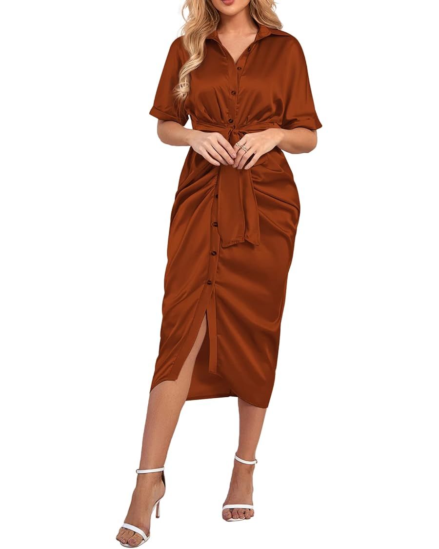 LYANER Women's Satin Deep Collar V Neck Tie Front Short Sleeve Party Midi Dress | Amazon (US)