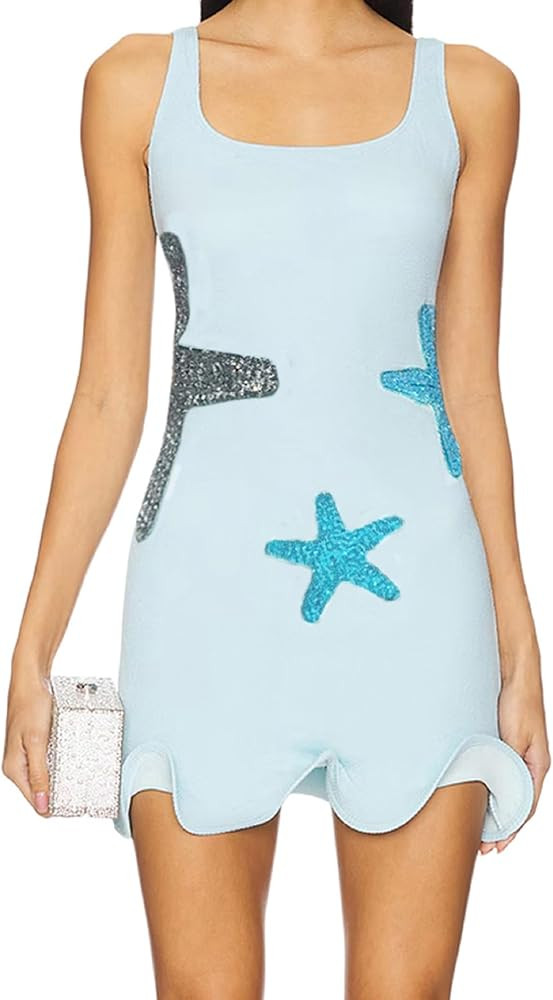 Luckinbaby Women Starfish Beach Dress Sequin Sleeveless Bodycon Short Tank Dress Ruffle Hem Knitt... | Amazon (US)