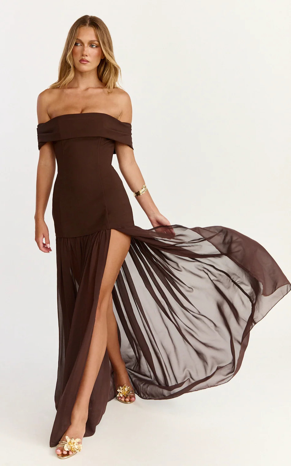 Off Shoulder Sheer Skirt Dress in Chocolate | Showpo (US, UK & Europe)