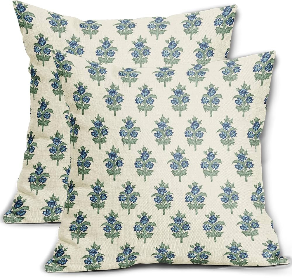 Sage Green Blue Floral Block Print Pillow Covers 20x20 Set of 2 Spring Flower Pattern Decorative ... | Amazon (US)