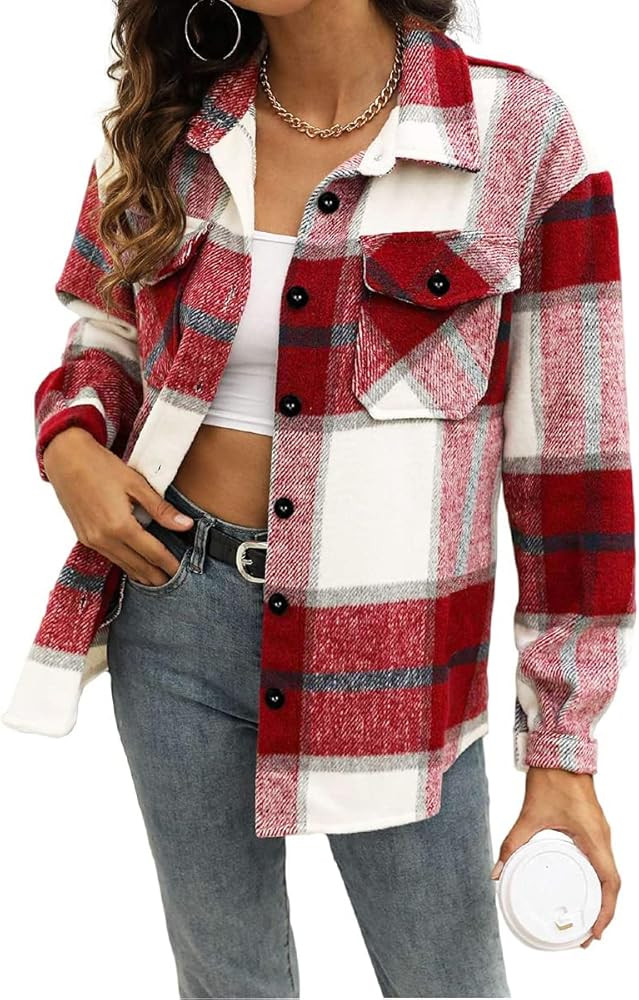 Blansdi Women’s Casual Plaid Flannel Shacket Jacket Oversized Button Down Long Sleeve Fall Shir... | Amazon (US)