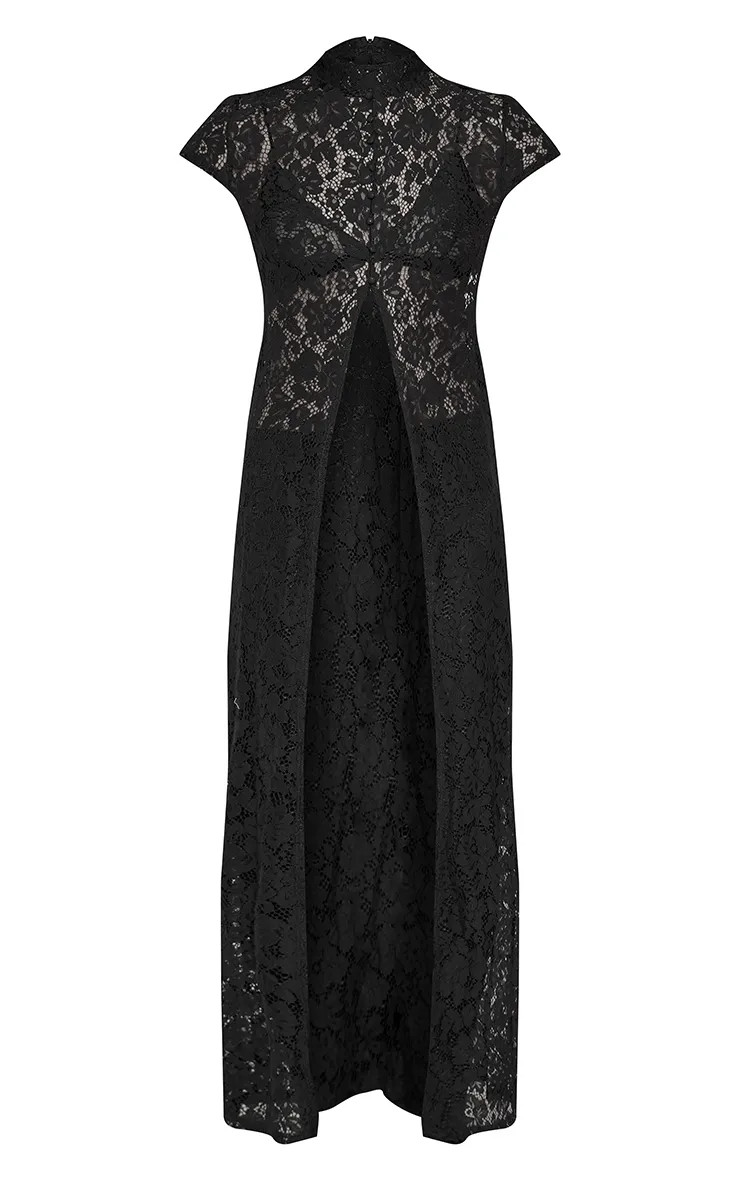 Femme Black Top Long Cami Fendu À Manches Courtes En Dentelle Noir | Taille 40 | PrettyLittleThing (FR)