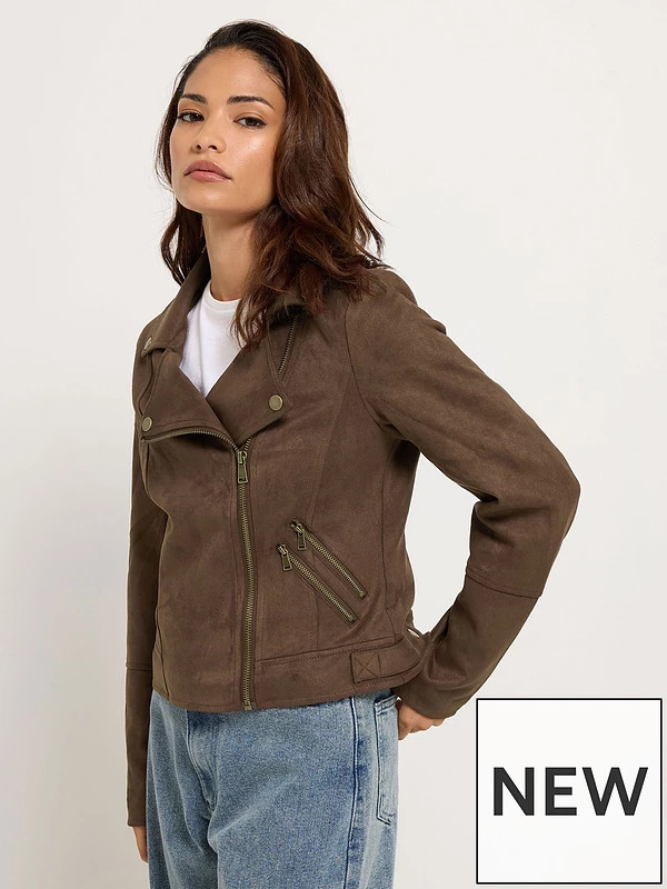 PixieGirl Petite Suedette Biker Jacket - Brown | Very (UK)