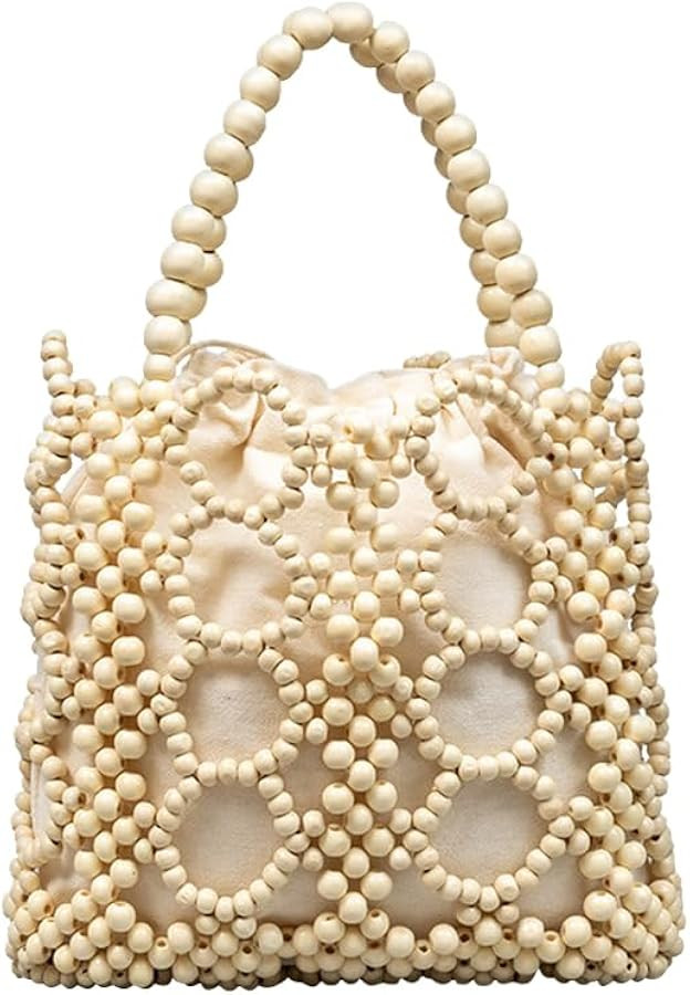 YYW Unique Handmade Wooden Bead Tote Bag for Women, Small Handwoven Clutch Purses Woven Bucket Ha... | Amazon (US)