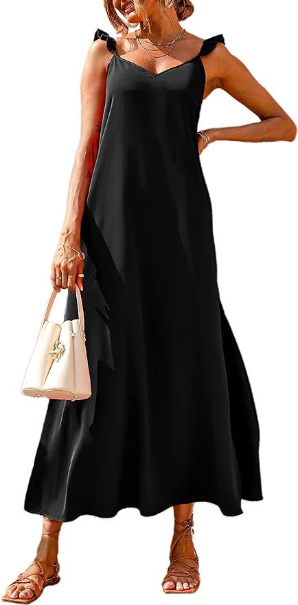 PRETTYGARDEN Women's V Neck Side Slit Spaghetti Strap Maxi Dress Loose Fit Flowy Long Cocktail Dr... | Amazon (US)