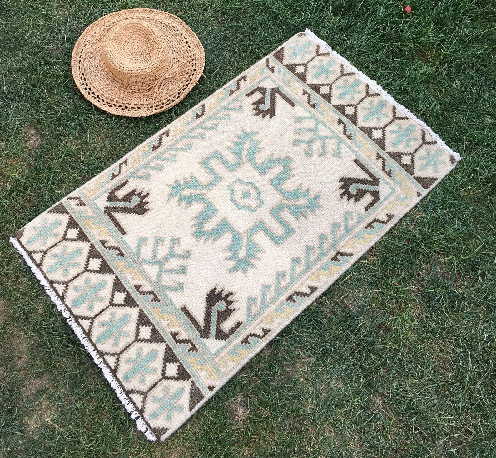 Small Oushak Rug Beige Brown Taupe Green Handmade Turkish - Etsy | Etsy (US)