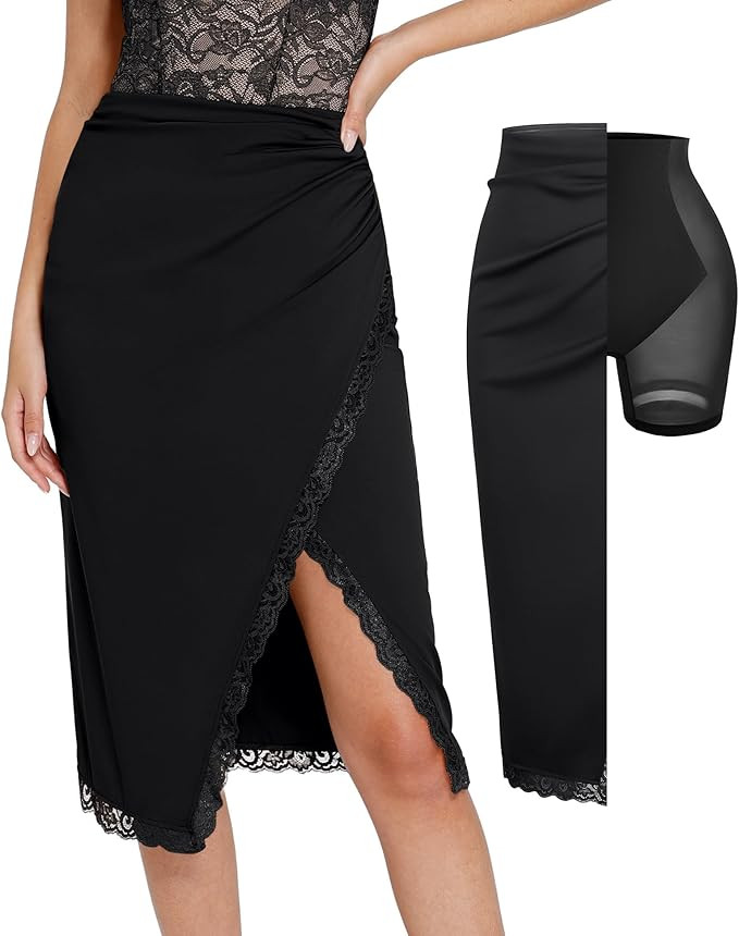 Popilush Midi Skirts for Women Lace Shapewear Split Satin High Waisted Bodycon Long Skirt Built-i... | Amazon (US)