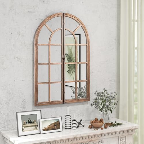 Tangkula Arched Window Mirror, Farmhouse Decorative Arch Mirror, Wall Mounted Mirror with Windowpane, Wooden Frame, Middle Metal Bar, for Entryway Living Room (Natural) | Amazon (CA)
