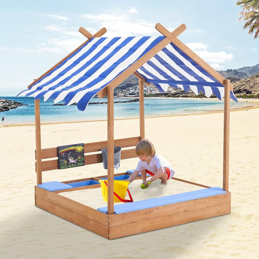Sandbox with Roof, 49'' Kids Large Wooden Sand Box with Liner, Drawing Board, Sink, House Design,... | Amazon (US)