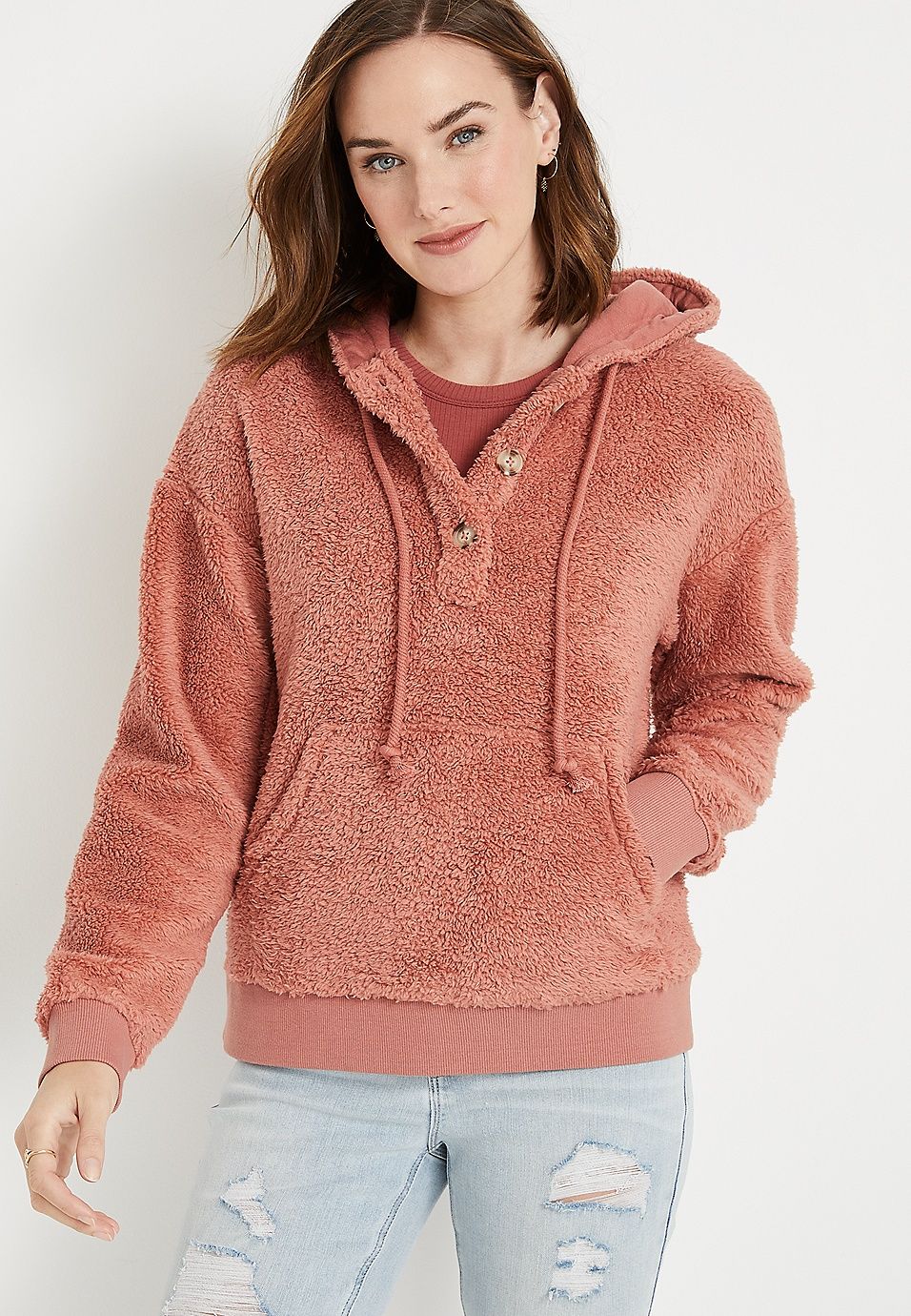 Pink Sherpa Henley Hoodie | Maurices