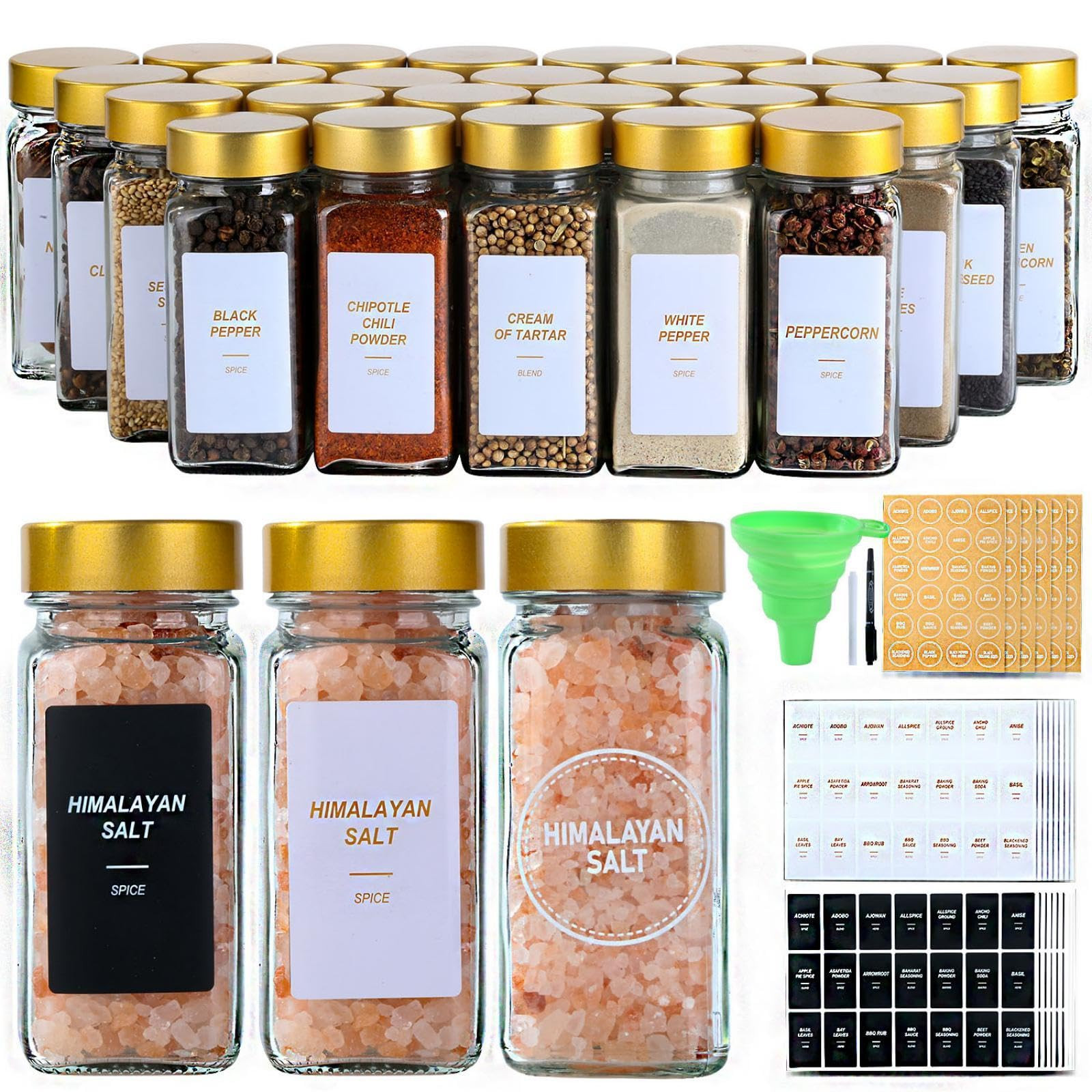 Glass Spice Jars with Label, 24Pcs Spice Jars with Shaker Lids-4 oz Gold Spice Seasoning Jars Bot... | Amazon (US)