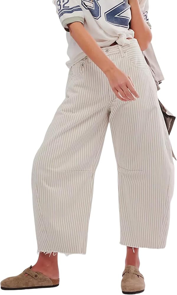 SCOFEEL Women Stripe Barrel Jeans Casual Loose Denim Jeans Wide Leg Baggy Pants Mid Waist Boyfrie... | Amazon (US)