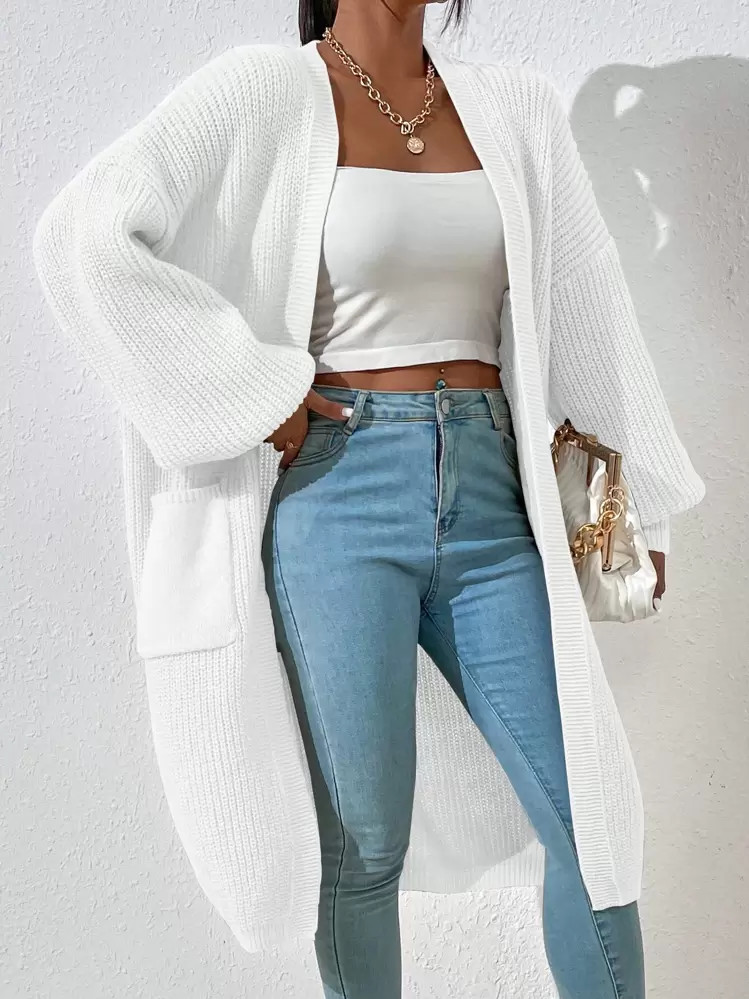 SHEIN Relaxiva Dual Pocket Drop Shoulder Duster Cardigan,Long Sleeve Tops | SHEIN